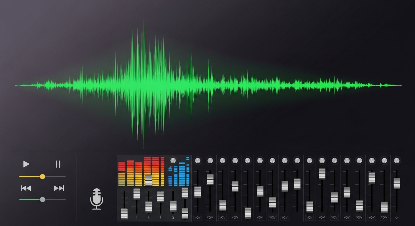 Podcast and audio editing studio with waveform visualizer, mixing board and microphone icon