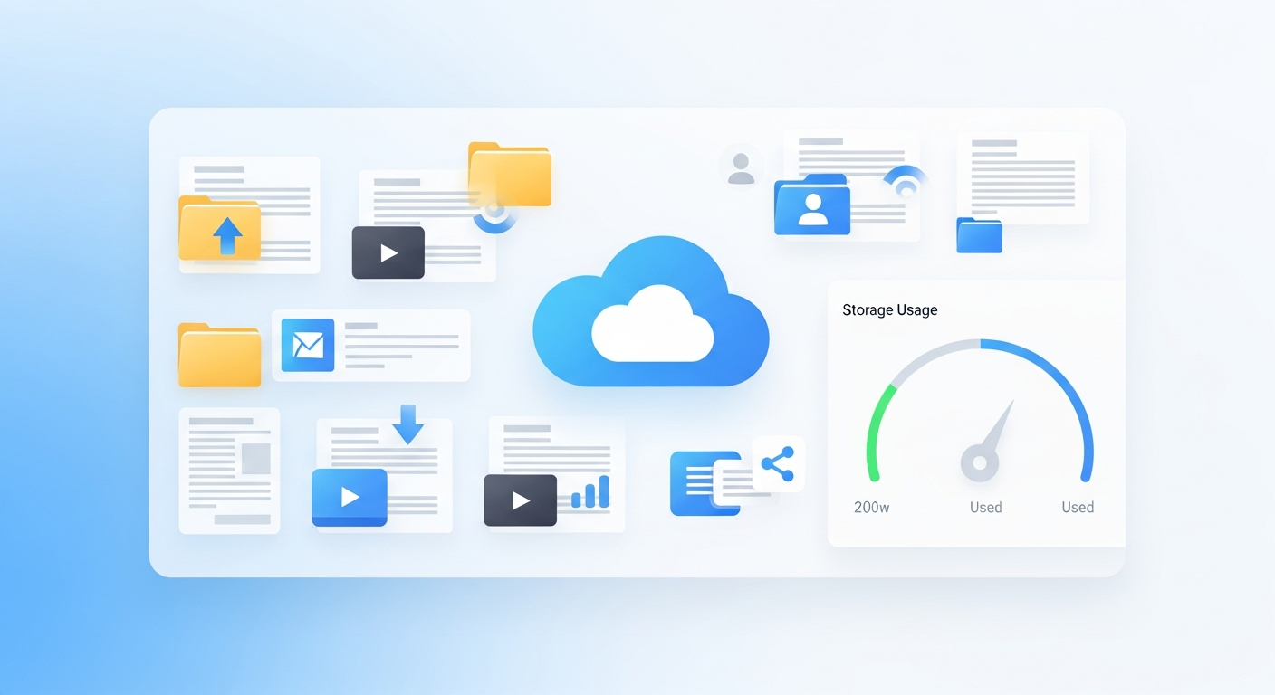 Cloud storage dashboard with organized folders, upload arrows and collaboration icons