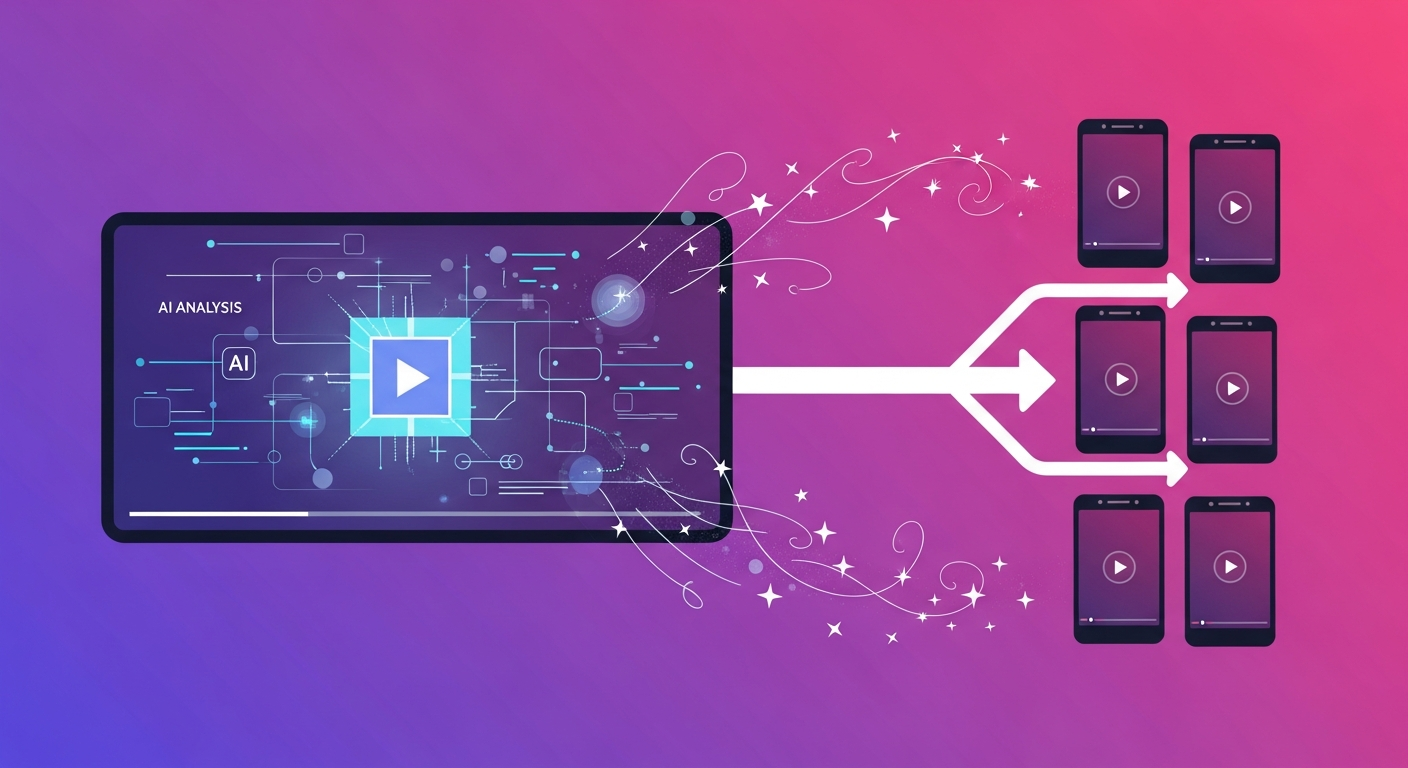 Content repurposing workflow showing one long video branching into multiple short-form clips