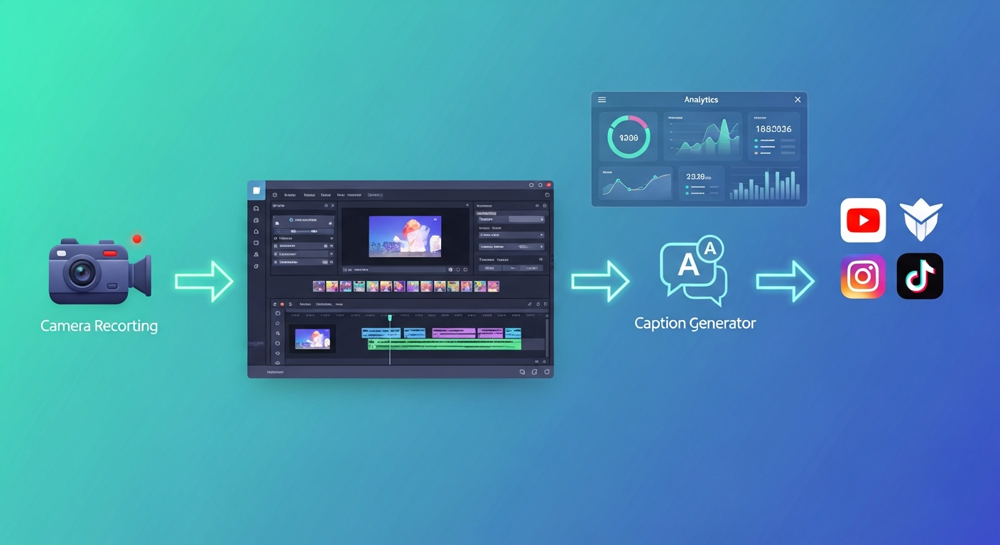 Creator workflow diagram showing connected software tools for the content production pipeline