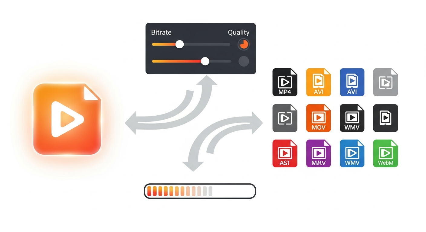 Video file conversion workflow showing format transformation with progress and quality controls