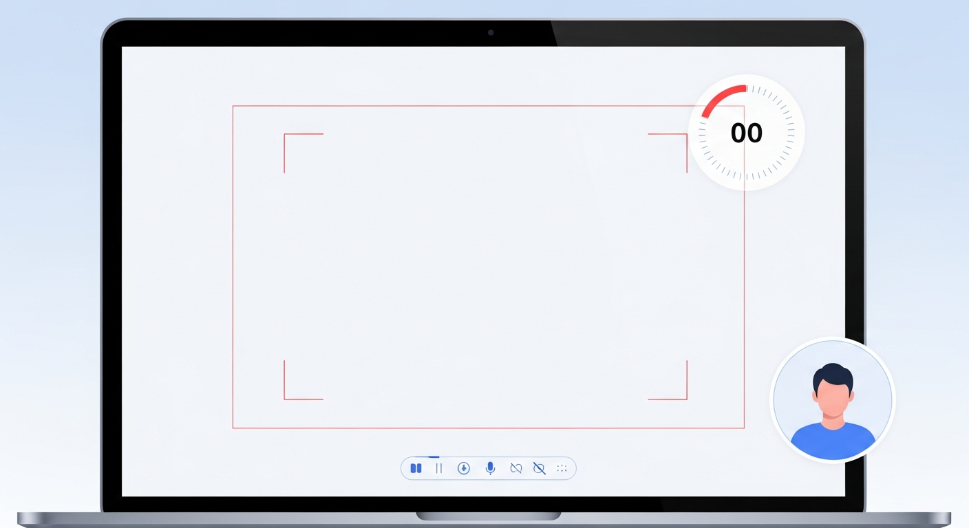 Screen recording software with capture frame overlay, webcam bubble and recording controls