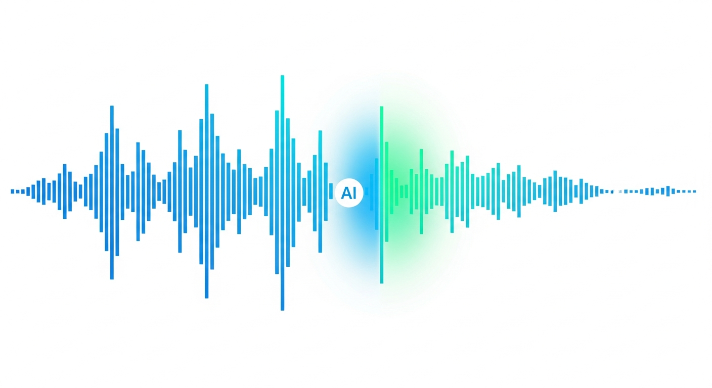 AI transcription visualization showing audio waveform converting to clean text transcript