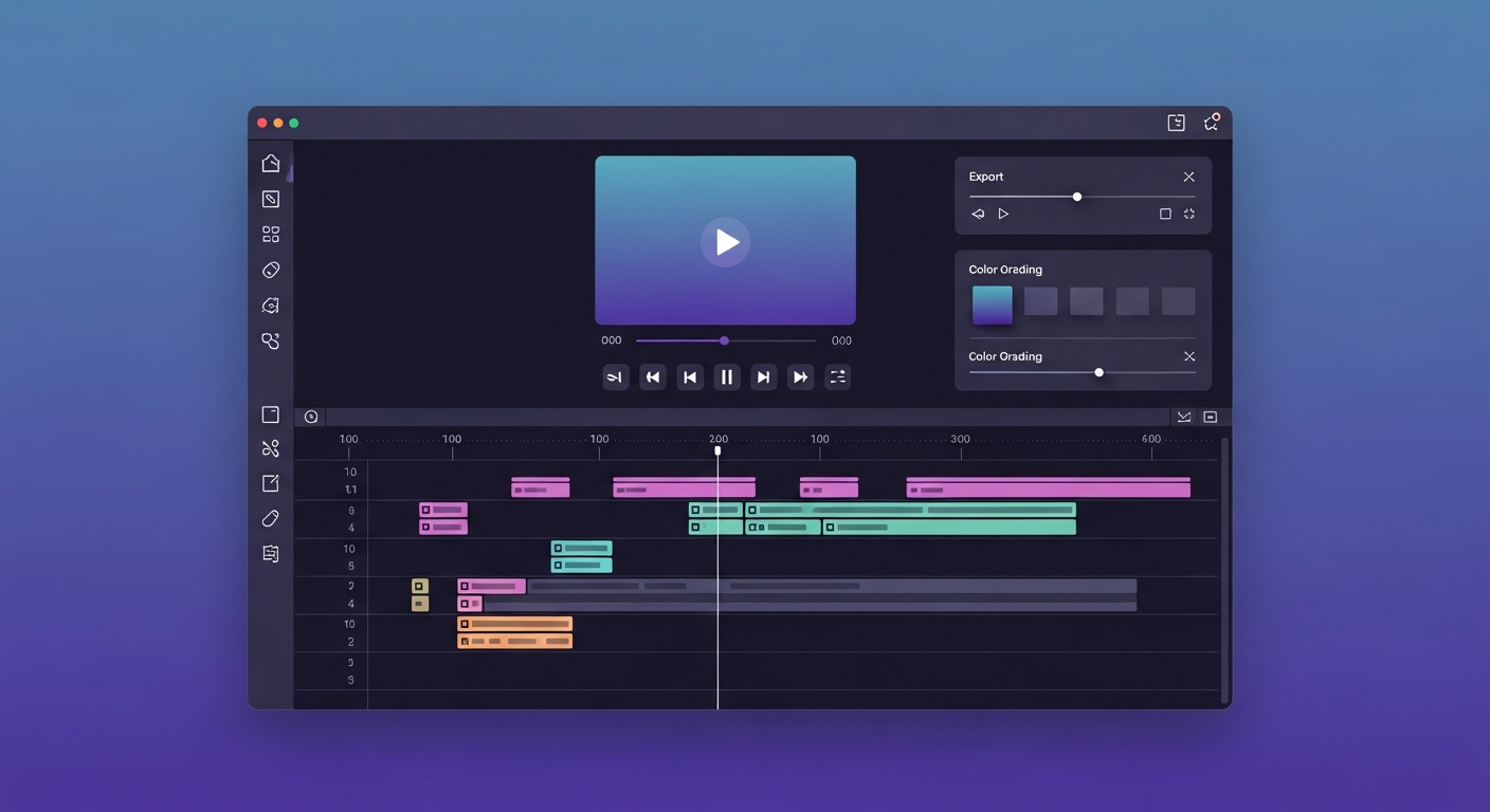 Professional video editing interface with timeline, color grading panel and export controls